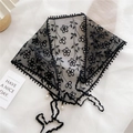 Elegant black lace triangle scarf with flower embroidery and white pearl accents - Black