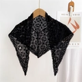 Chic black lace crochet triangle scarf shawl with hollow patterns on wooden hanger - Black