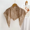 Knitted hollow lace triangular shawl wrap with floral crochet patterns in beige color - Camel
