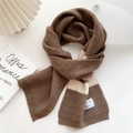 Thick striped knit scarf in dark coffee and beige with a classic woven fashion label - Brown and Milk White (5DRY)