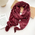 Burgundy pleated cotton linen long scarf with crinkle texture on wooden tray - 30x190cm / Tie-dye Wine Red