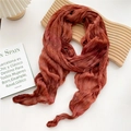 Brick red long cotton linen scarf featuring fine pleat textures and tie-dye handmade style - 30x190cm / Tie-Dye Orange