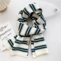 Blue and white striped knit scarf with brown leather tag for winter warmth - 21*155cm / Blue and White Stripes