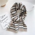Winter striped knit scarf for women in beige and black with a vintage leather logo patch - 21*155cm / Beige Coffee Stripes