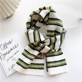 Winter striped knit scarf in green, white and black colors with soft wool texture - 21*155cm / Green White Black Stripes