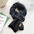 Thick black and white striped knit scarf with brown leather label for winter warmth - 20x165cm / Black