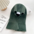 Deep green knit balaclava hood scarf with ribbed texture and decorative white label - Dark Green