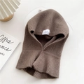 Deep brown knitted balaclava hood with vertical stripes on a minimalist white desk - Dark Coffee