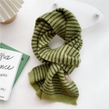 Thick knit striped scarf in grass green and black with a stylish leather brand tag - 20x165cm / Green