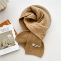 Chunky knit khaki scarf with cable pattern and YYDS woven label for winter warmth - Camel