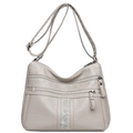 Borsa a tracolla grigia in morbida pelle con zip multistrato e strass decorati - Stile Strass Verticale (1558-1) / Grigio chiaro
