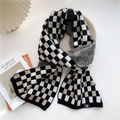 Thick knit checkerboard scarf in black, white and beige with letter H label - Black White Beige Checkerboard (MX0175)