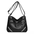 Versatile black PU leather crossbody bag with multiple zippers and rhinestone accents - Black
