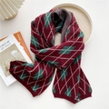 Thick knitted argyle scarf in red green and white with a classic vintage pattern - Red Green White Argyle (MX0175)