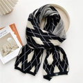 Long knit scarf with black and white argyle pattern and stylish logo label detail - Black White Argyle (MX0175)