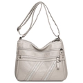 Light gray large multi-pocket crossbody bag with rhinestone details and soft leather texture - Triple Parallel Slanted Rhinestone Style (1558-3) / Light Gray