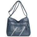 Deep blue faux leather shoulder bag with pleated texture and sparkling rhinestone strips - Triple Parallel Slanted Rhinestone Style (1558-3) / Lake Blue