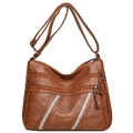 Brown soft leather crossbody bag with multiple zippers and rhinestone accents - Triple Parallel Slanted Rhinestone Style (1558-3) / Brown