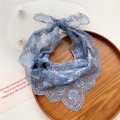 Light blue floral lace triangle scarf with delicate embroidery and scalloped edges - Blue