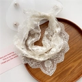 Elegant cream white lace triangle scarf with floral embroidery for hair styling - Off White