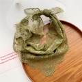 Olive green embroidered lace triangular hair scarf with floral patterns and scalloped edges - Green