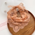Elegant apricot lace triangular scarf with floral embroidery for hair or wrist styling - Orange