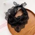 Elegant black lace hair scarf featuring hollow floral embroidery and scalloped edges - Black