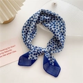 Blue floral cotton linen neck scarf with navy border in a stylish knotted display - Small Heart Flower Blue (16D) / 58cm