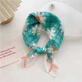 Green and white checkered cotton linen scarf with daisy print tied for styling - Chrysanthemum Net Green (17D) / 58cm