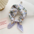 Floral and purple plaid patchwork cotton linen silk scarf hairband for women - White Chrysanthemum Blue Plaid (18D) / 58cm