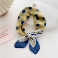 Yellow and blue polka dot cotton linen square scarf tied in a stylish knot - Polka Dot Frame Blue Edge (25D) / 58cm