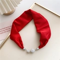 Detail of red satin neck scarf with dual silver rhinestone-studded magnetic clasps - Red