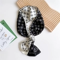 Elegant black and white geometric silk twilly scarf displayed on a wooden tray - Black Geometric Arrows Dots