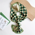 Silk neck scarf with green and white checkerboard pattern and R letter printing - Green Plaid Letter R