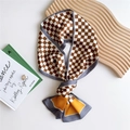 Brown and white checkerboard skinny silk scarf with contrast color block accents - Orange Brown Checkered