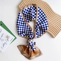 Blue and white checkerboard skinny silk scarf with tan borders and knotted detail - Blue White Checkered