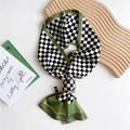 Narrow silk scarf in black and white checkerboard pattern with olive green border - Green Black Checkered