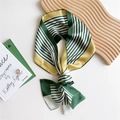 Polyester skinny silk scarf with green, yellow and white stripes tied in an elegant knot - Green Yellow Stripes