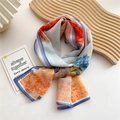 Long summer silk scarf with orange and blue abstract oil painting print and blue border - Red Tree