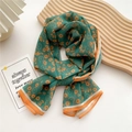 Emerald green floral silk scarf with orange daisy print and contrast border trim - 12 Chiffon Virtual Flower Green