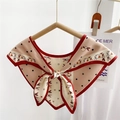 Pink polka dot scarf with rabbit floral print and red border tied as a decorative collar - Origami Rabbit Polka Dot