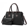 Conjunto de bolso tote para mujer en cuero granulado negro con detalles en marrón - Negro