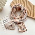 Long peach pink floral chiffon scarf with delicate blue flower patterns and brown edges - 17 Chiffon Two-Tone Flower Camel Border
