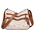 Minimalist beige embroidery crossbody bag with wave pattern and brown leather trim - Classic Jacquard Embroidery Style (1060-3)