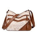 Brown PU leather and wave jacquard multi-pocket crossbody bag with long strap - Vintage Blue Orange Wave Style (1060-1)