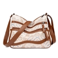Retro patterned crossbody bag with multiple zipper pockets and brown leather trim details - Light Color Artistic Wave Style (1060-5)