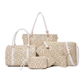 6-piece cream monogram tote bag set with brown lettering and golden hardware details - 6-Piece Set / White