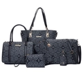 Black vintage 6-piece tote bag set with classic monogram and gold-tone hardware - 6-Piece Set / Gray
