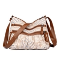 Retro canvas tote bag with brown leather trim and wavy pattern in beige and brown - Dark Blue Jacquard Vintage Style (1060-6)