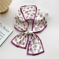 Long ivory silk ribbon scarf with purple floral print and elegant satin texture - 9X Floral Pattern Purple Edge